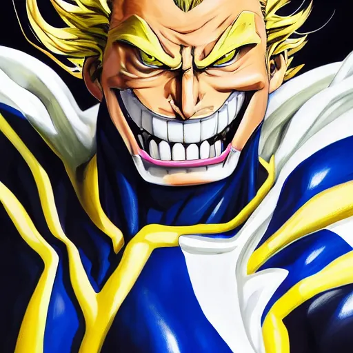 Image similar to an oil painting of a all might from my hero academia by artgerm, hero costume, middle ages, hd, hdr, ue 5, ue 6, unreal engine 5, third dimensional, cinematic 4 k wallpaper, 8 k, ultra detailed, gta 5 cover art, comic book black lines, high resolution, artstation, award winning