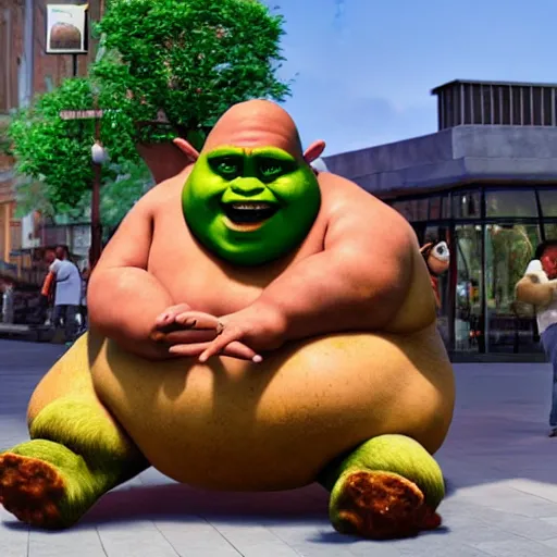 Image similar to fat shrek eating chicken wings outside of mcdonald ’ s in real life, realistic, detailed, 8 k, 4 k uhd, hyper realistic, great detail