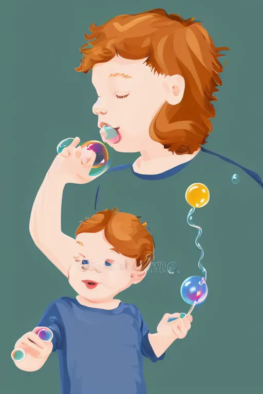 Image similar to a little boy with ginger hair blowing bubbles. clean elegant simple illustration, beautiful detailed face.