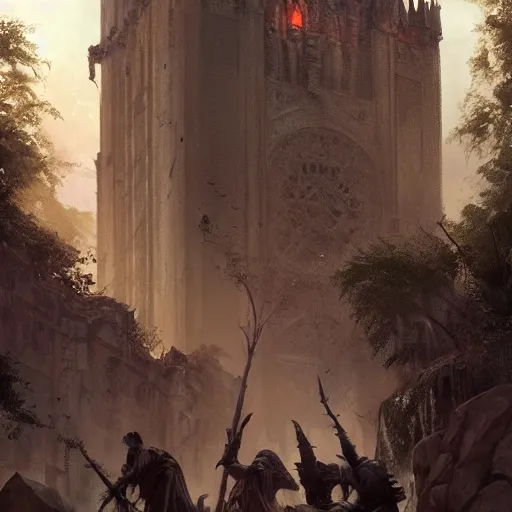 Image similar to epic masterpiece of cinematographic hyperrealism where a group of archeologists appears in front of a large demonic tower. realistic shaded lighting poster by craig mallismo, artgerm, jeremy lipkin and michael garmash, unreal engine, detailed and intricate environment, digital art, art station trends, horror, night, dark lighting, lightning