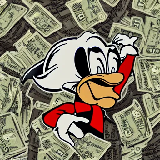 Prompt: sticker of uncle scrooge surrounded with dollar bills, stylized