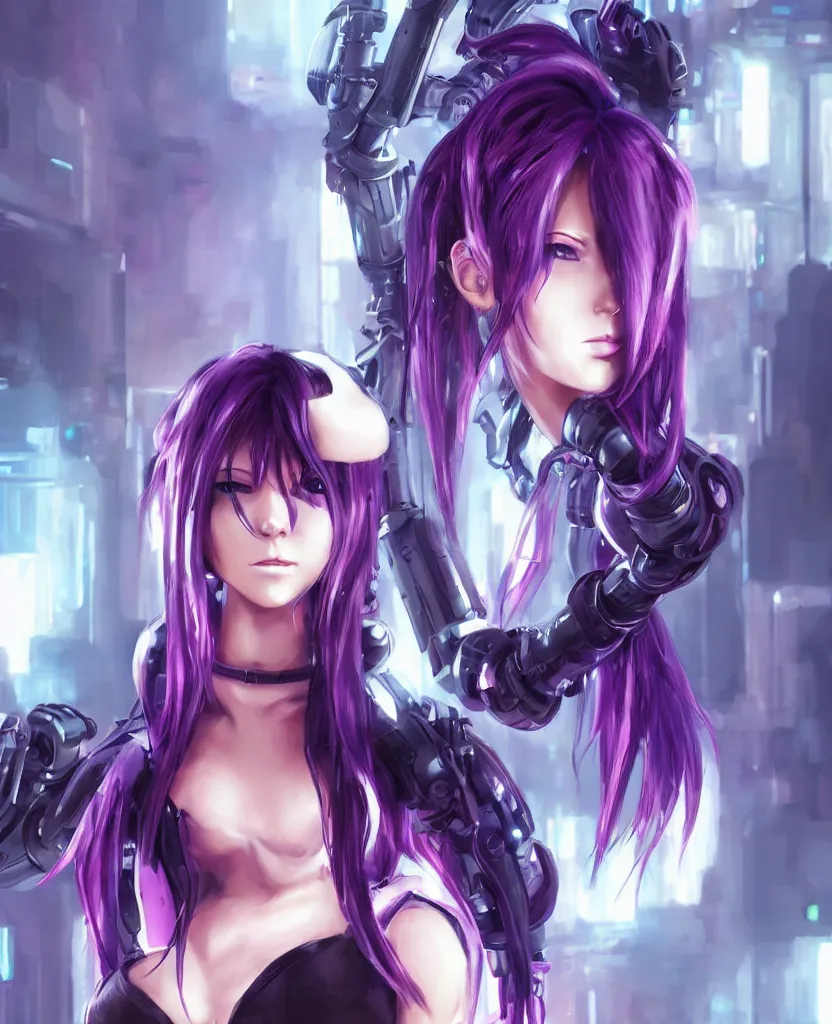 Prompt: A beautiful painting of a cyberpunk anime girl with purple hair and an a huge robot arm sensual stare, Trending on artstation. augmentations and cybernetic enhancements neon circuits