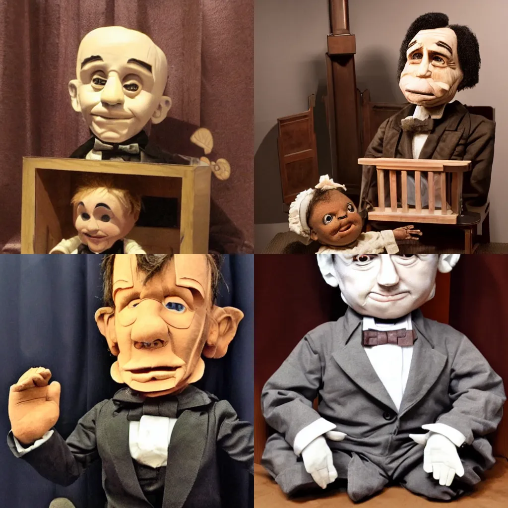 Prompt: animatronic puppet of a baby with abraham lincoln's face