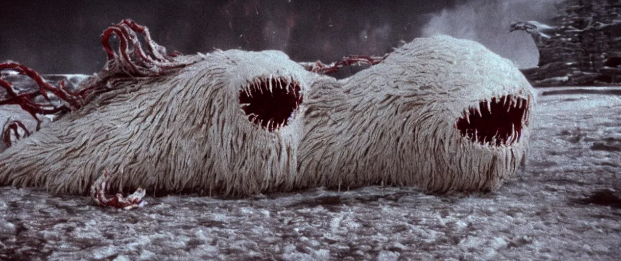 Image similar to filmic extreme wide shot movie still 4 k uhd interior 3 5 mm film color photograph of a detached snarling distorted deformed creature abstract shape shifting organism made of human tissue, running around the an arctic village that is on fire chasing humans in the style of the horror film the thing 1 9 8 2