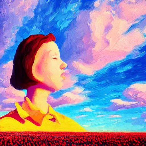 Image similar to girl with singular giant tulip as a head, surreal photography, flower field, sunset dramatic light, impressionist painting, colorful clouds, blue sky, digital painting, artstation, simon stalenhag