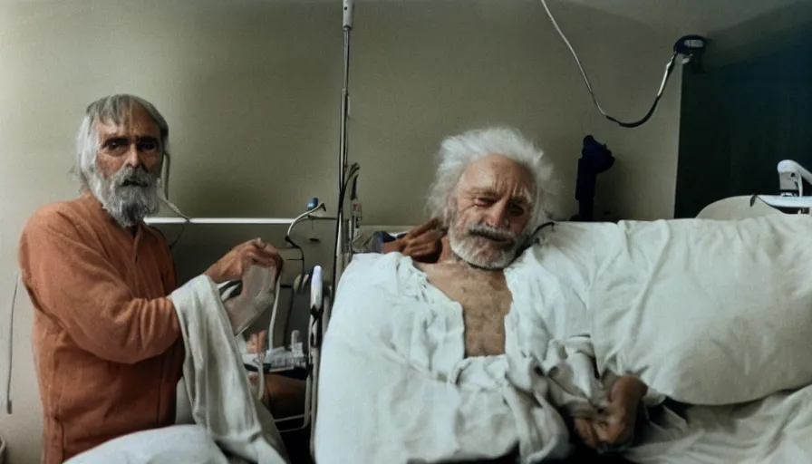 Prompt: 7 0 s movie still of a old root man in the hospital, cinestill 8 0 0 t 3 5 mm eastmancolor, heavy grain, high quality, high detail