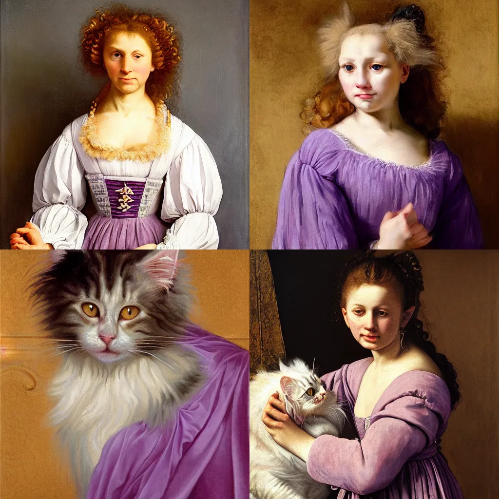 Prompt: a portrait of a cream colored Maine Coon kitty wearing a purply sundress outfit, digital art, oil painting in a renaissance style, Rembrandt lighting scheme ,light dark, dark background , epic, very detailed, dynamic contrast, painted by Artemia Gentileschi , Caravaggio, Titian, Rembrandt.