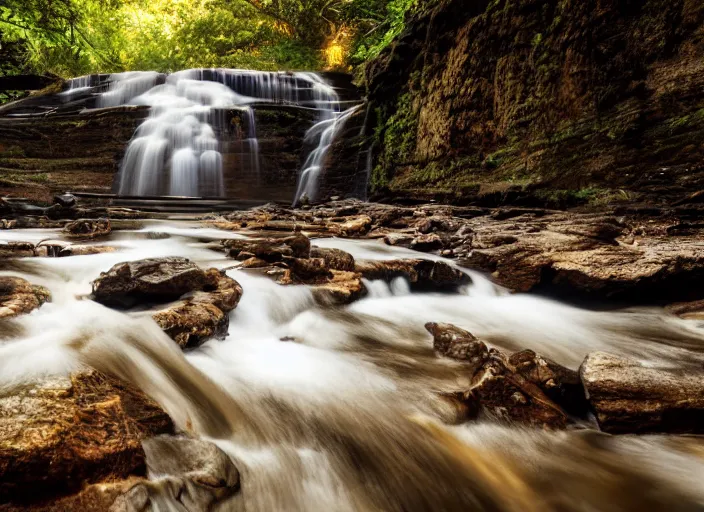 Image similar to a 2 8 mm macro photo of a flowing river and waterfalls in a huge canyon, splash art, movie still, bokeh, canon 5 0 mm, cinematic lighting, dramatic, film, photography, golden hour, depth of field, award - winning, anamorphic lens flare, 8 k, hyper detailed, 3 5 mm film grain, hazy