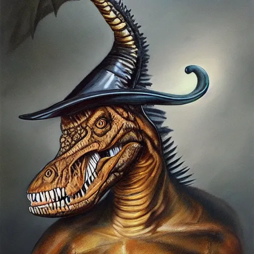 Image similar to a hyper realistic painting of a t - rex holding a musket and wearing a bicorn hat, super detailed, realistic, thick brush strokes, visible paint layers.