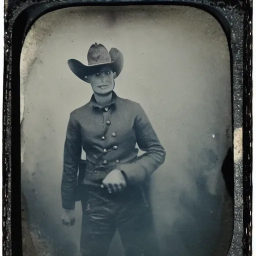 Prompt: tintype photo, bottom of the ocean, cowboy alien