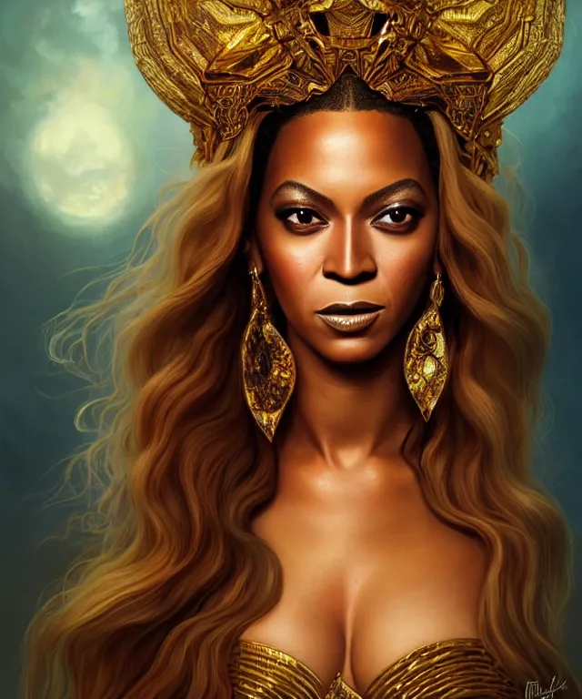 Image similar to Beyoncé as a fantasy magic woman portrait, sci-fi, amber eyes, face, long hair, fantasy, intricate, elegant, highly detailed, digital painting, artstation, concept art, smooth, sharp focus, illustration, art by artgerm and greg rutkowski and alphonse mucha