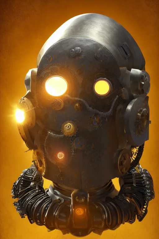 Image similar to steampunk mask minimalist fantasy art robot ninja helmet, global illumination ray tracing hdr fanart arstation by sung choi and eric pfeiffer and gabriel garza and casper konefal radiating a glowing aura