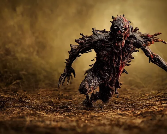 Image similar to 2 0 0 mm photography of an infected burnt fungal horror giant zombie running sprinting. highly detailed 8 k. intricate. lifelike. nikon d 8 5 0. motion blur