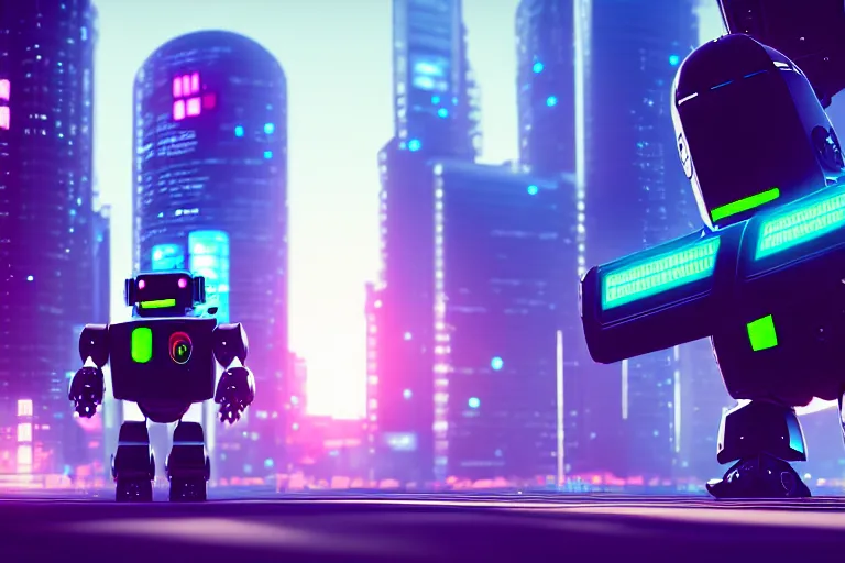 Image similar to a cute big robots in a cyberpunk city. super realistic 8 k render of a elegant, cinematic composition