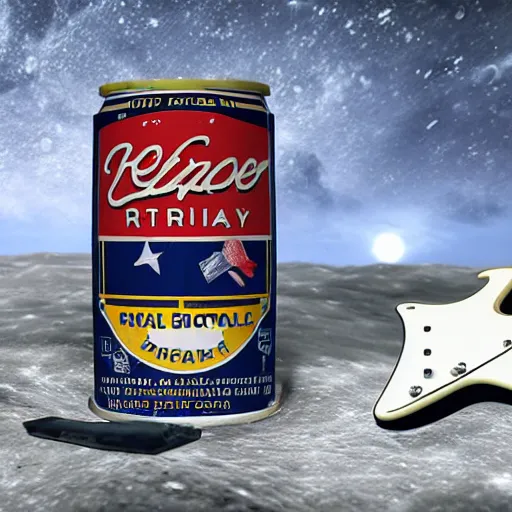 Image similar to a detailed, realistic, idle, regular sized electric guitar next to a detailed, realistic, idle, regular sized beer can on the moon. detailed photo. realistic photo. hyper realism. closeup