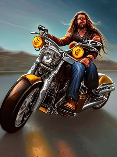 Prompt: handsome man with long hair riding a harley davidson. intricate, elegant, highly detailed, digital painting, artstation, cinematic shot, concept art, sharp focus, illustration, by justin gerard and artgerm, 8 k