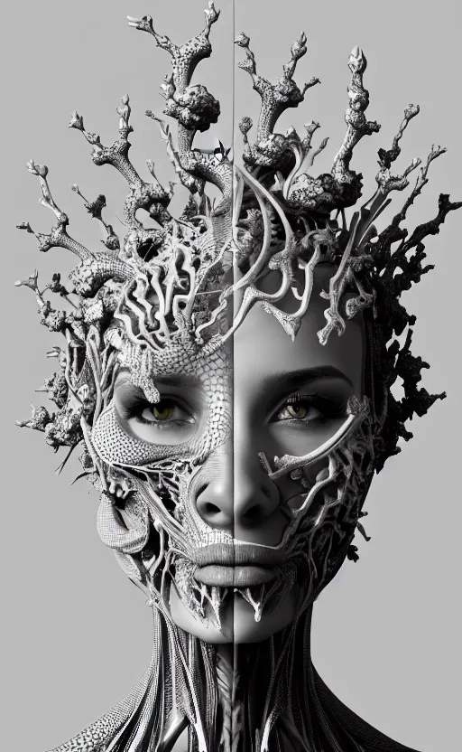 Image similar to a black and white 3D render of a beautiful profile face portrait of a female dragon-cyborg, 150 mm, flowers, Mandelbrot fractal, anatomical, flesh, facial muscles, wires, microchip, veins, arteries, full frame, microscopic, elegant, highly detailed, flesh ornate, elegant, high fashion, rim light, octane render in the style of H.R. Giger and Man Ray