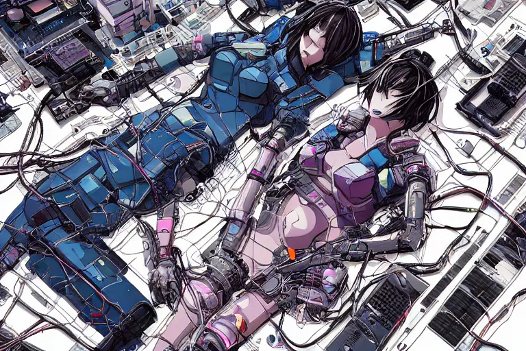 Image similar to a cyberpunk illustration of a group of three female androids in style of masamune shirow, lying on an empty, white floor with their bodies broken scattered rotated in different poses and cables and wires coming out, by yukito kishiro and katsuhiro otomo, hyper-detailed, intricate, view from above