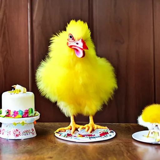 Image similar to a fluffy yellow newly hatched baby chicken stands near a big rooster and a miniature birthday cake