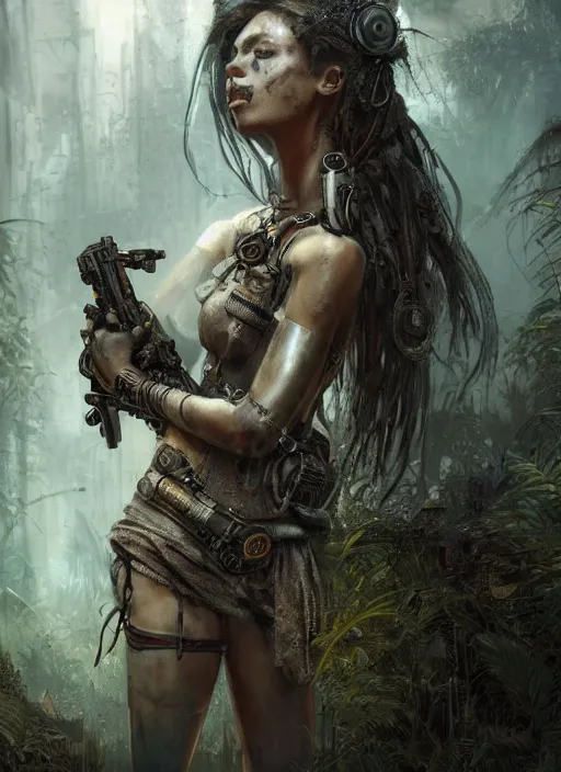 Prompt: portrait of a young very beautiful cute tribal woman holding a steampunk gun, in a post apocalyptic city overgrown with lush vegetation, by Luis Royo, by Greg Rutkowski, dark, gritty, intricate, volumetric lighting, volumetric atmosphere, concept art, cover illustration, octane render, trending on artstation, 8k