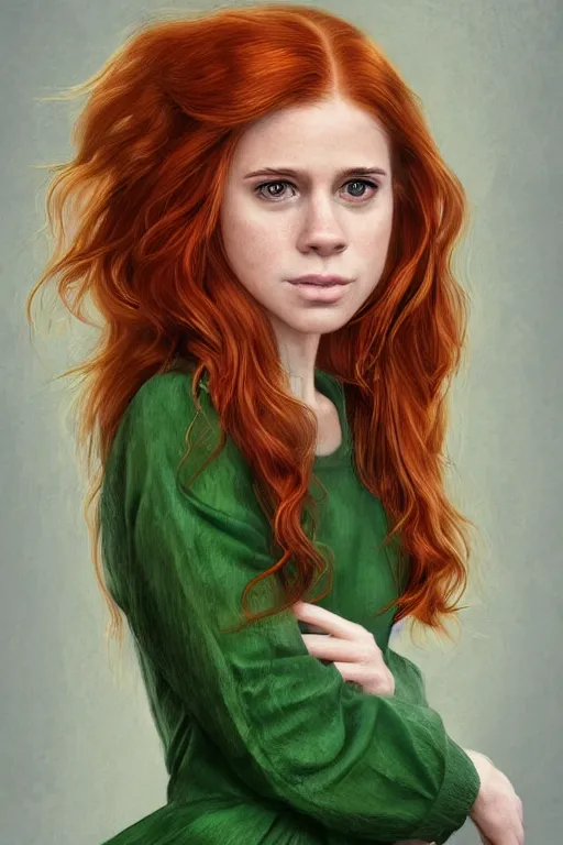 Image similar to ultra realistic style illustration of a beautiful cute red haired playful teen girl in a green dress, long hair, face of teen kate mara, sci - fi, intricate, elegant, digital painting, artstation, concept art, smooth, sharp focus, illustration, 8 k frostbite 3 engine, ultra detailed, art by artgerm and greg rutkowski and magali villeneuve