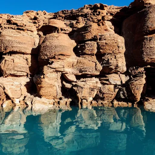 Prompt: quiet still pool, oasis in cleft of rock overlooking sandy desert spotted with dead dead trees