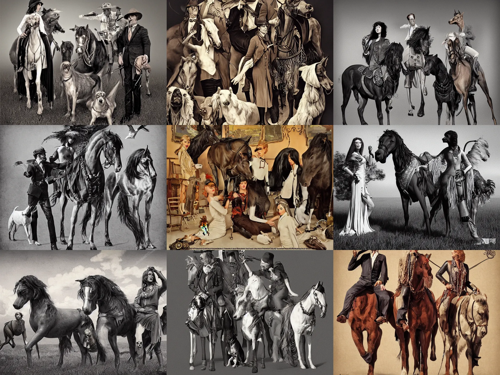 Prompt: pulp art, artwork by Joseph Leyendecker and Robert McGinnis and Alfred Henry Maurer, 3d octane blender render, Hipple and boho fashion 1970s, horses, dogs, black and white birds, progressive rock album cover