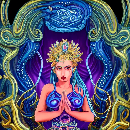 Image similar to kali is a goddess, she has blonde hair and blue eyes, and has the ability to form tentacles. 8 k fantasy art, highly detailed and intricate illustration