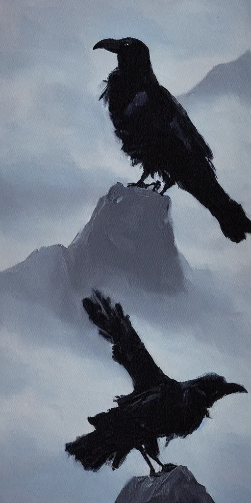 Image similar to an abstract oil painting of a crow on top of a dark winter mountain; hyper-detailed; an extraordinary masterpiece!!!; flawless; trending on artstation