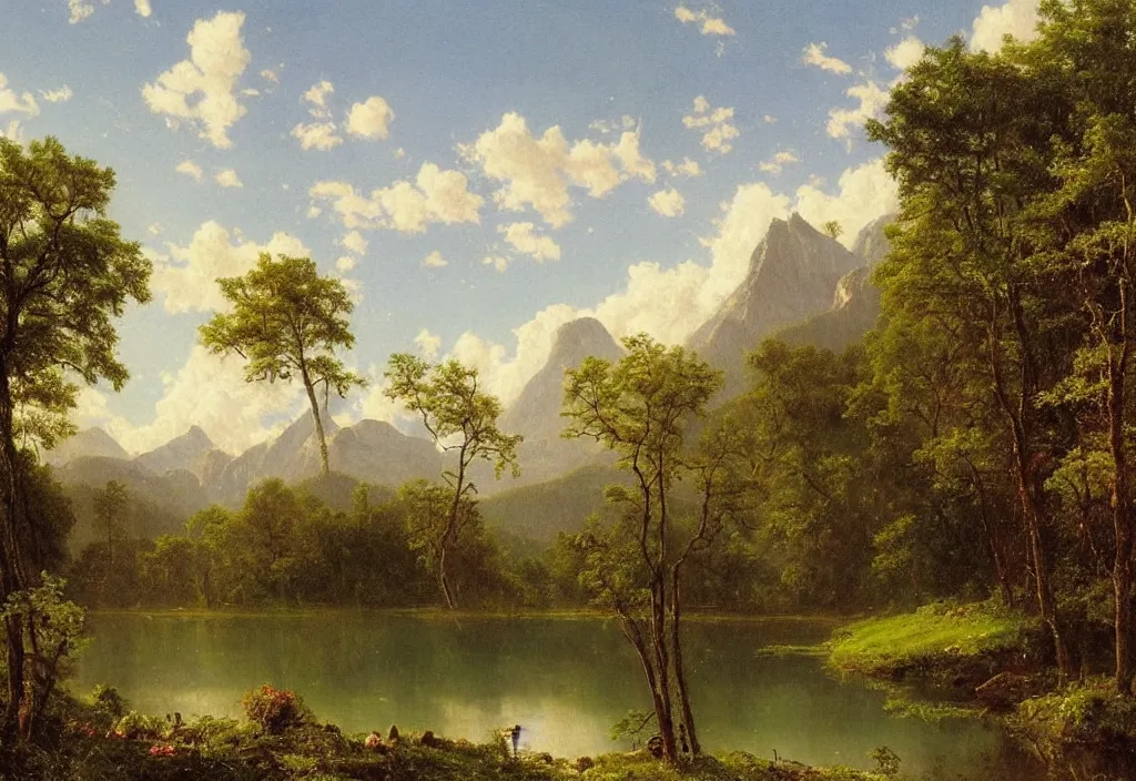 Prompt: a northen american landscape painting of a lake surrounded by trees and some mountains in the distance and a waterfall right beside the lake, perfect spring day with beautiful white clouds, colorful wildflowers, painting by albert bierstadt, early morning light