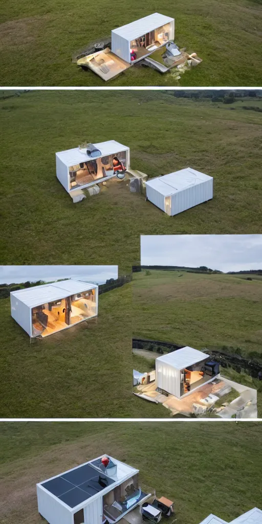 Image similar to a mechanical highly detailed shipping container converted to a modern house with drone propellers on top of the house the entire thing is hovering shown from a distance over a field centered perfect symmetry cinematic lighting