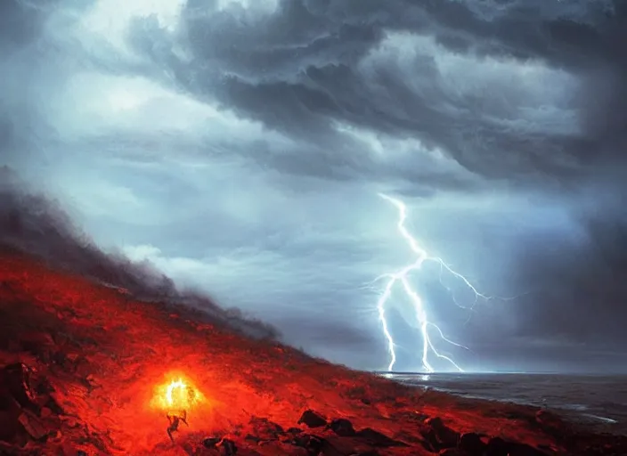 Image similar to a man with a long wavy black hair wearing a long blue coat and stands with his back to the viewer on bare rocky ground looking up at an immense approaching lightning storm. roiling dramatic threatening dangerous looming clouds. a threatening red orange cast to the picture. fantasy art by greg rutkowski and michael whelan