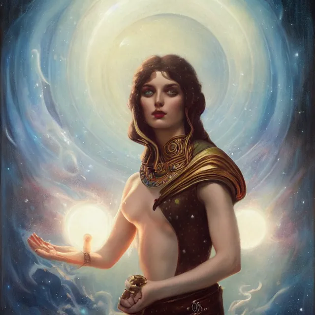 Image similar to portrait of a magical levantine genie, art by tom bagshaw and manuel sanjulian