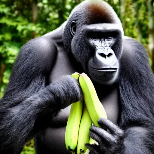 Prompt: big gorilla with human face maneating eating bananas in the hood, 8k resolution, full HD, cinematic lighting, award winning, anatomically correct
