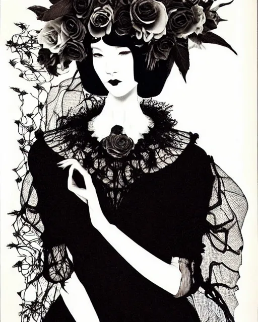 Prompt: dreamy surreal poetic black and white lithography of a beautiful young porcelain female-cyborg-vegetal with a very long neck and a super big gothic lace collar filled with dead flies and a very high big floral crown with many black dry roses by Vivienne Westwood:: smoke, high fashion, haute couture, rococo, avant-garde, elegant, dreamy, hyper realistic, 150 mm lens, soft rim light, octane render, unreal engine, volumetric lighting, dramatic light,8k,