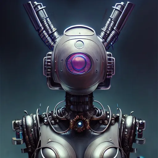 Image similar to front shot of a cyberpunk gazmask robot character, intricate, elegant, highly detailed, centered, digital painting, artstation, concept art, smooth, sharp focus, illustration, artgerm, Tomasz Alen Kopera, Peter Mohrbacher, donato giancola, Joseph Christian Leyendecker, WLOP, Boris Vallejo