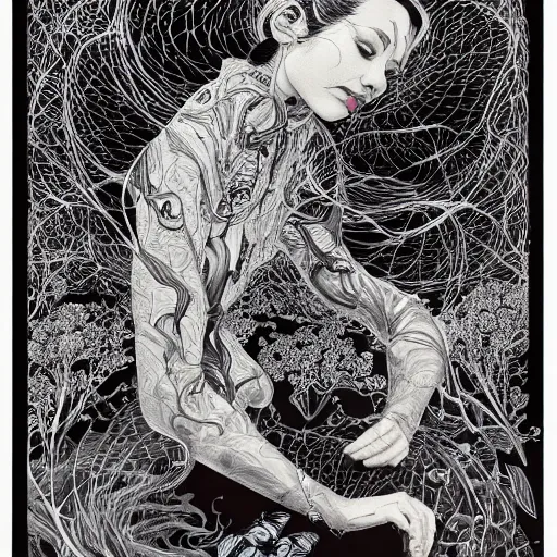 Image similar to life is so beautiful painted in alex grey and james jean style drawn by vania zouravliov and takato yamamoto, inspired by y - 3, intricate acrylic gouache painting, black and white, 3 d, high detail, sharp high detail, artstation