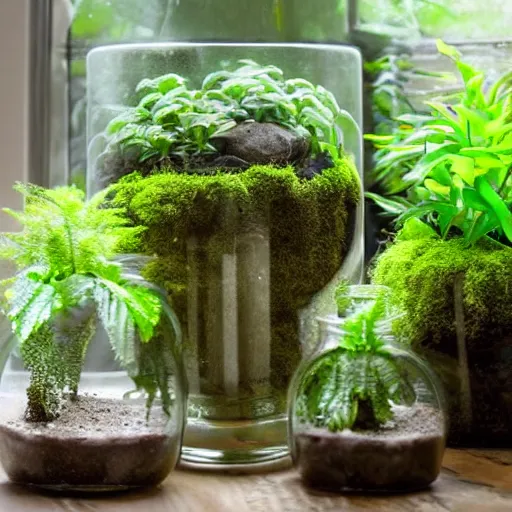 Image similar to a terrarium jar with fittonia plant, fern plant, moss and stone in a tropical atmosphere, mist