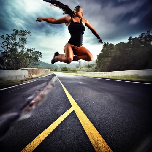 Image similar to car jump, jumping bodybuilder, woman is throwing, road, photo, digital art, hands, underbody car, car'stire, throw