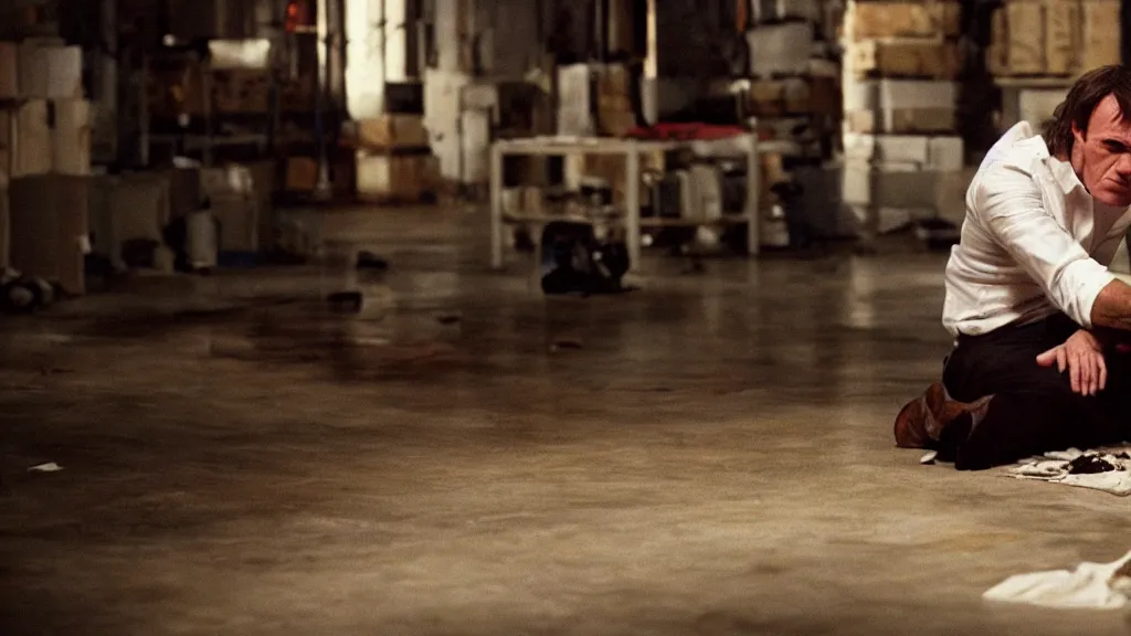 Image similar to film still of a wounded man in a white shirt laying in a warehouse next to a gun on the ground. moody, grainy, 4 k, high detail, aesthetic, good composition, anatomically correct, directed by quentin tarantino,