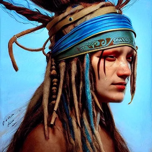 Image similar to A young blindfolded shaman woman with a decorated headband, in the style of heilung, blue hair dreadlocks and wood on her head., made by karol bak