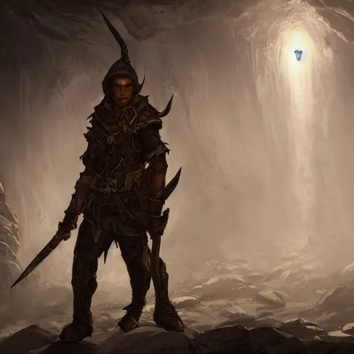 Image similar to an elf ranger in silhouette in a cave with weapons drawn facing a glowing blue orb, fantasy concept art, trending on artstation, video game concept art, highly detailed, cinematic lighting, digital art, dark fantasy, rendered in unreal