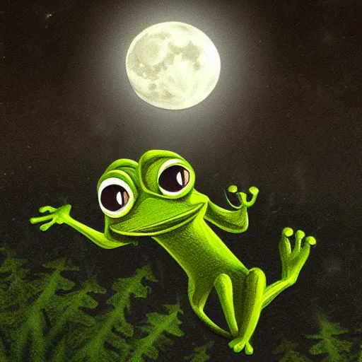 Image similar to pepe the frog flying at night through fog forest lit by the full moon