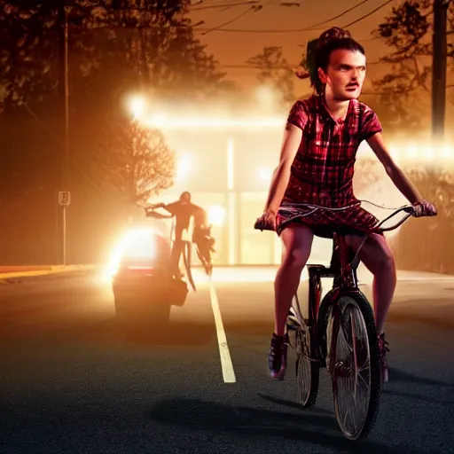 Prompt: wendy thomas as ( maxine mayfield ) from stranger things riding her bike in the middle of the street, the bike's flashlight illuminating the ground, the clear sky, realistic, extremely high details, photorealistic, 2 0 2 2 s, soft lighting, 4 k, human photo