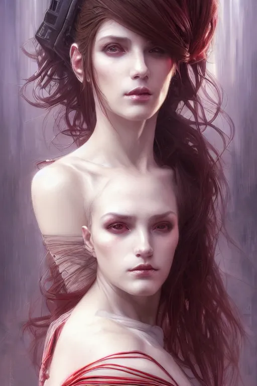 Image similar to portrait of cyberpunk woman, dark fantasy, gradient white red grey, dreamy and ethereal, brown eyes, golden ratio, peaceful expression, ornate frilly dress, fantasy, intricate, elegant, clouds and wind, highly detailed, digital painting, artstation, concept art, smooth, b sharp focus, illustration, art by artgerm and greg rutkowski and alphonse mucha