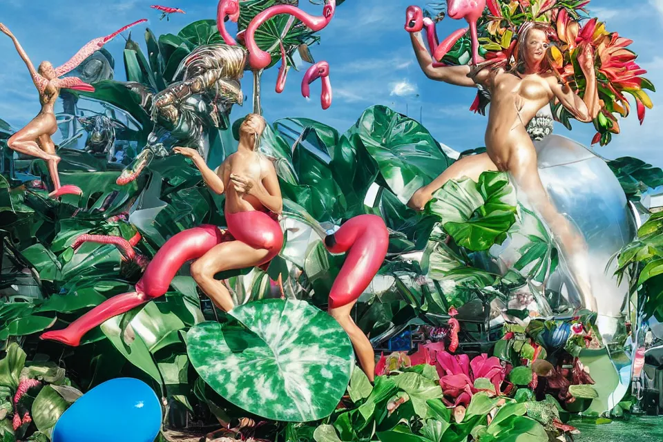 Image similar to an extreme close - up of a statue chrome cyborg lycra nymph battling a giant inflatable flamingo pool float, christmas cactus arnold schwarzenegger and monstera plants, fireworks thick smoke, by jeff koons, hajime soryama, boris vallejo, artgerm, greg rutkowski, alphonse mucha