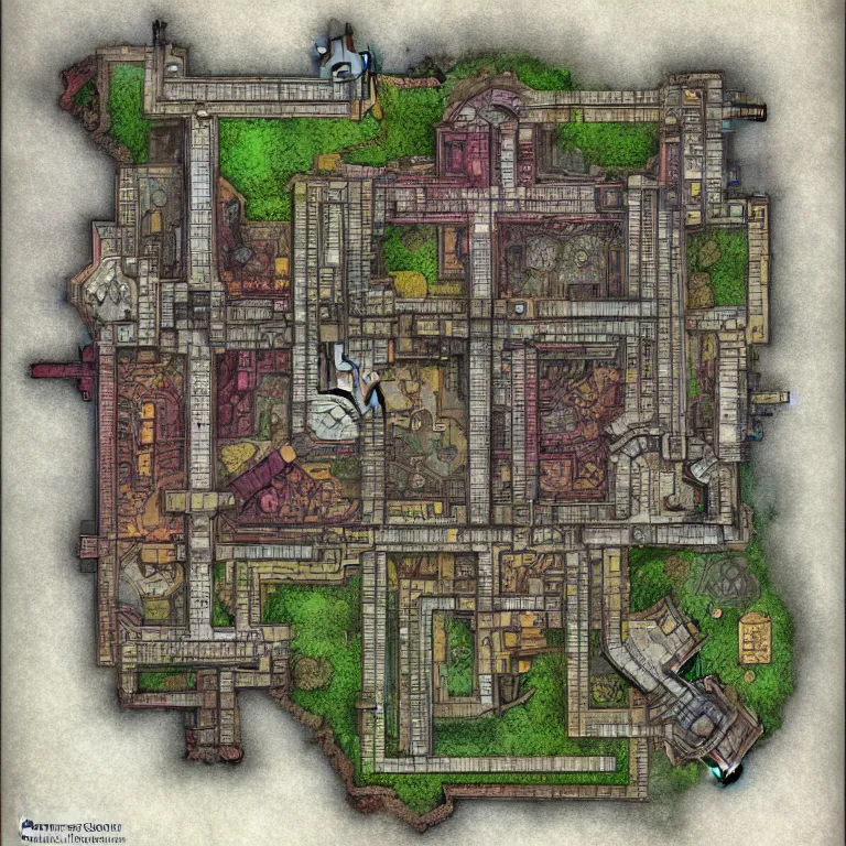 Prompt: full - color fantasy floor plan map of a dungeon, by james gurney, trending on artstation