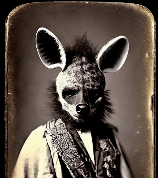 Image similar to professional studio photo portrait of anthro anthropomorphic spotted hyena head animal person fursona wearing elaborate pompous silver skull robes clothes by Louis Daguerre daguerreotype tintype