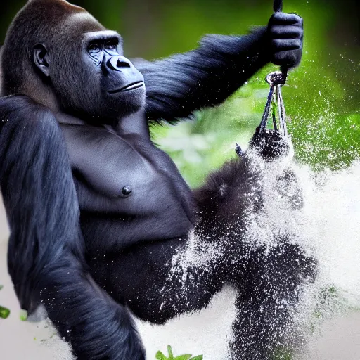 Prompt: high quality photo of a gorilla parachuting, realism, 8k, award winning photo