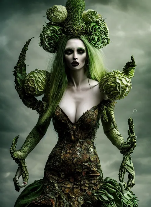 Image similar to expressive full body photo of demoness, dress made of cabbages, glamour shot, by karol bak, stefan gesell, photorealistic, nikon d 4 x, fashion photography, hyper maximalist, elegant, ornate, luxury, elite, environmental portrait, symmetrical features, octane render, unreal engine, solid dark grey background, dramatic lights